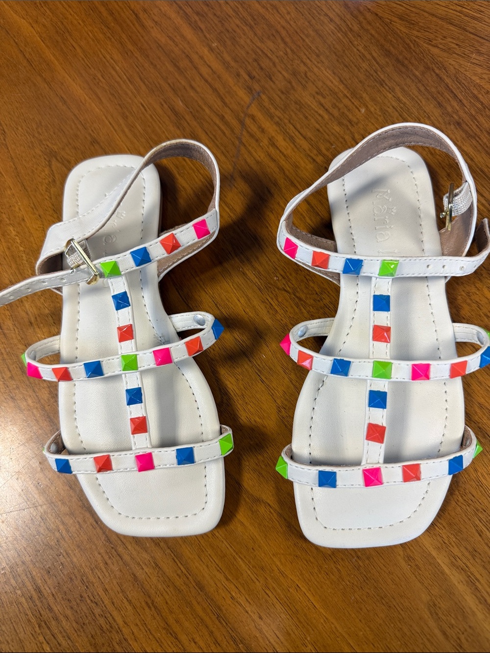 White Girls' Strappy Sandals with Bright Multicolor Studs